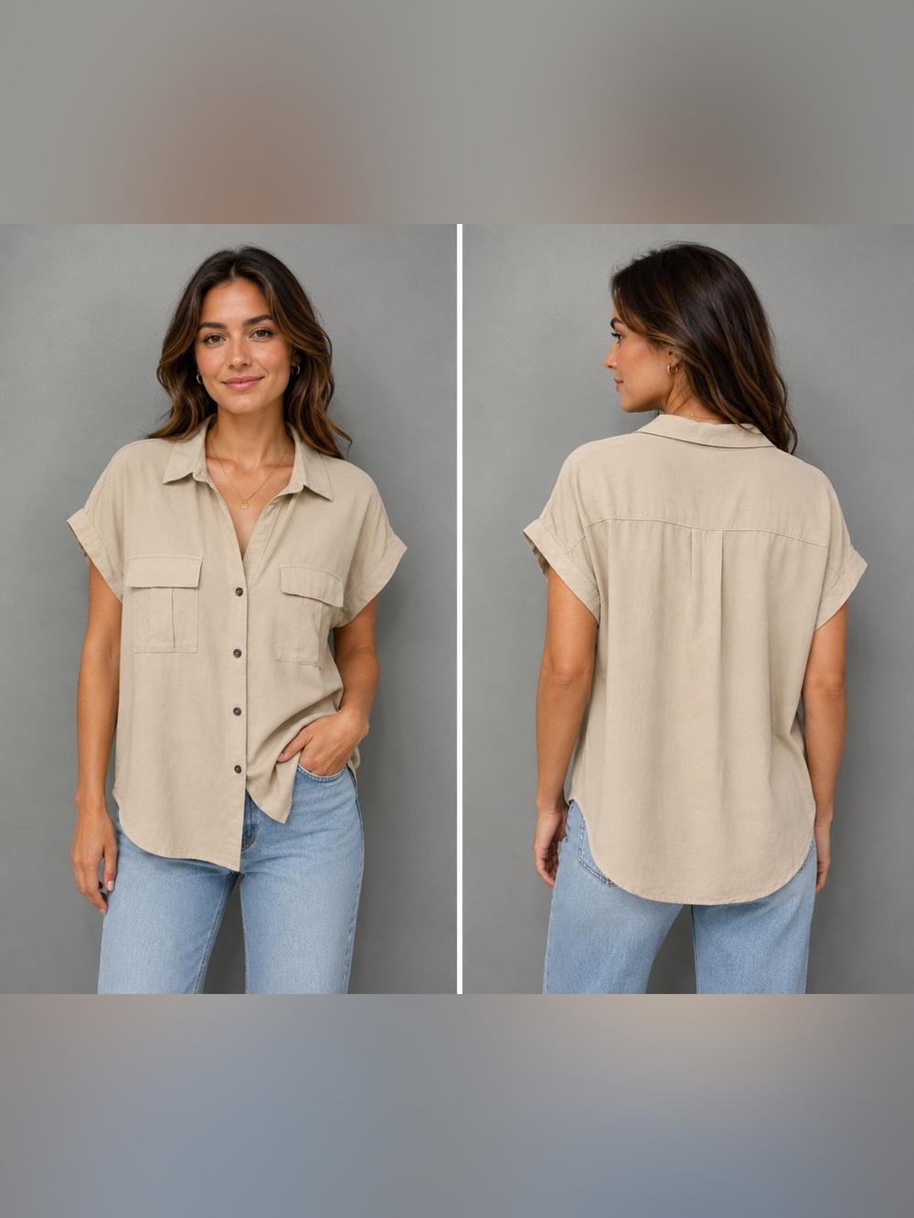 Zenana Relaxed fit Short-Sleeve Shirt - Beige - Picture 4 of 7
